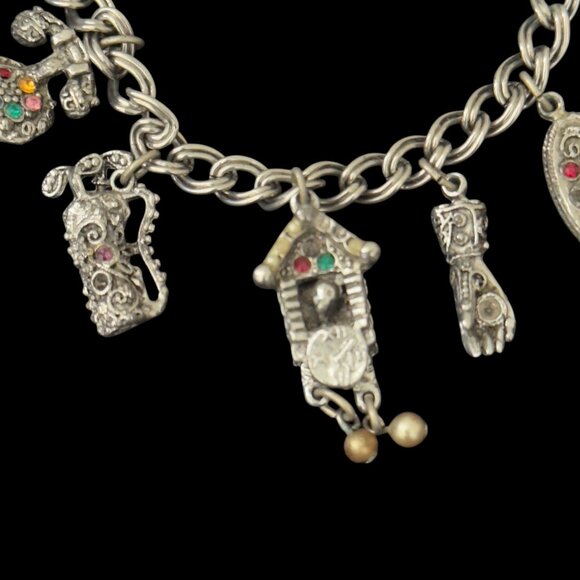 Vintage Silver-Tone Link Chain 9 Filigree Gem Charm Bracelet 7.5” - Picture 3 of 14